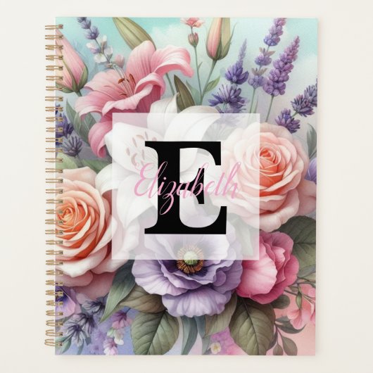 Aquarell-Monogramm rosa lila Blumen  Planer (Vorderseite)