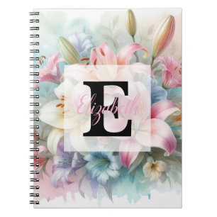 Aquarell-Monogramm rosa Lilien Blumen  Notizblock