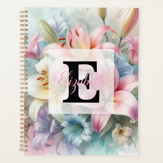 Aquarell-Monogramm rosa Lilien Blumen Planer (Vorderseite)