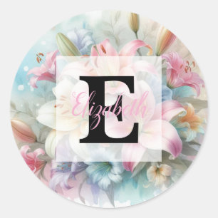 Aquarell-Monogramm rosa Lilien Blumen  Runder Aufkleber