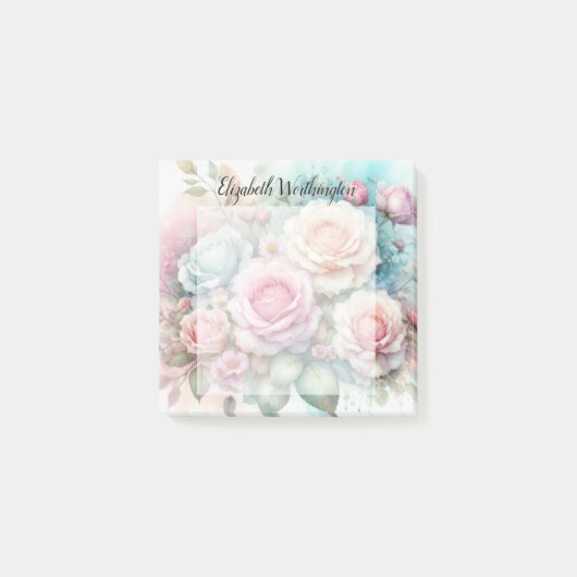 Aquarell-Monogramm rosa Rosen Blumen Post-it Klebezettel (Vorderseite)