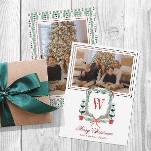 Aquarell-Monogramm-Weihnachts-Topiary-Wappen-Foto Feiertagskarte