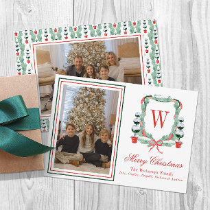 Aquarell-Monogramm-Weihnachts-Topiary-Wappen-Foto Feiertagskarte
