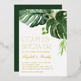 Aquarell Monstera Blätter Tropische Paare Dusche Folieneinladung