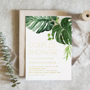 Aquarell Monstera Blätter Tropische Paare Dusche Folieneinladung