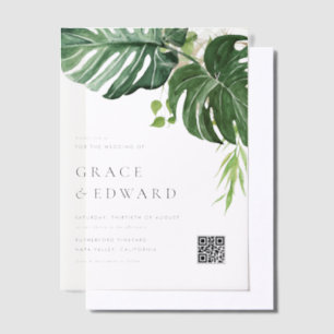Aquarell Monstera Tropische Hochzeit QR Code Pergament Einladungen
