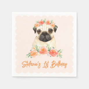 Aquarell-Mops und Pfirsichblüten Erster Geburtstag Serviette