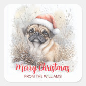 Aquarell Mops Weihnachtsmannmütze Frohe Weihnachts Quadratischer Aufkleber (Vorderseite)