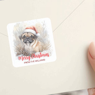 Aquarell Mops Weihnachtsmannmütze Frohe Weihnachts Quadratischer Aufkleber