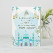 Aquarell-Moschee-Iftar-Abendessen Blau Einladung (Stehend Vorderseite)