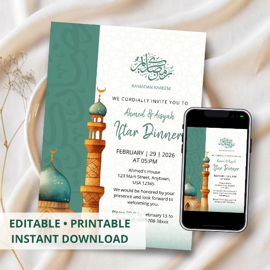 Aquarell-Moschee-Illustration Iftar-Abendessen Einladung