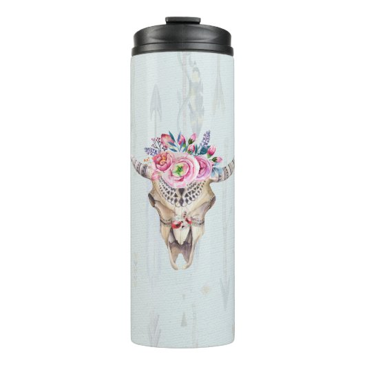 Aquarell Multicolored Bull Skull Thermosbecher (Vorderseite)
