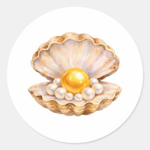Aquarell-Muschel mit goldenen und weißen Perlen  Runder Aufkleber
