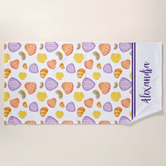 Aquarell Muscheln mit Name Beach Handtuch (Vorderseite)