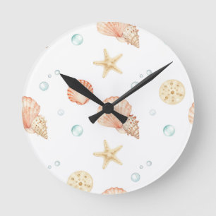 Aquarell-Muscheln Perlen Küstenmuster Runde Wanduhr