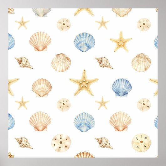 Aquarell-Muscheln Seestern Küstenmuster Poster (Vorne)
