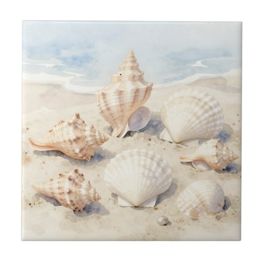 Aquarell-Muscheln Strand Szene Fliese (Vorderseite)