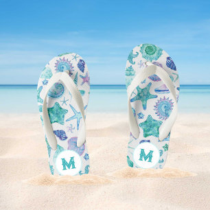 Aquarell-Muscheln und Starfish-Monogramm Kinderbadesandalen