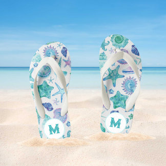 Aquarell-Muscheln und Starfish-Monogramm Kinderbadesandalen