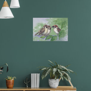 Aquarell-Mutter-Spatz füttert Küken Poster