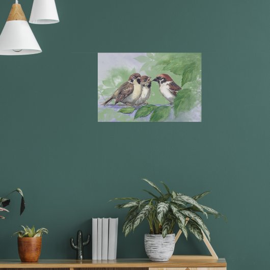 Aquarell-Mutter-Spatz füttert Küken Poster (Wohnzimmer 1)