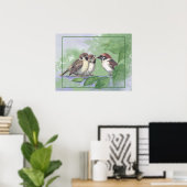 Aquarell-Mutter-Spatz füttert Küken Poster (Heimbüro)