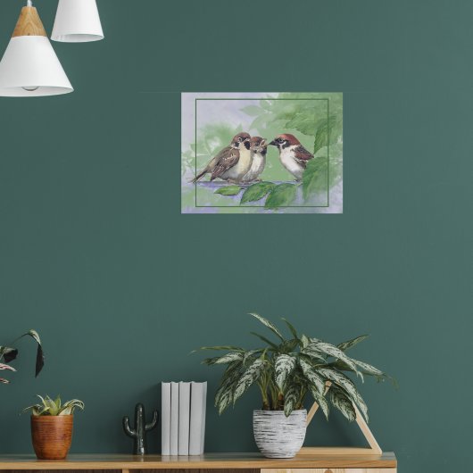Aquarell-Mutter-Spatz füttert Küken Poster (Wohnzimmer 1)