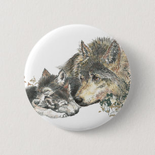 Aquarell-Mutter-Wolf-u. CUB-Tier-Kunst Button