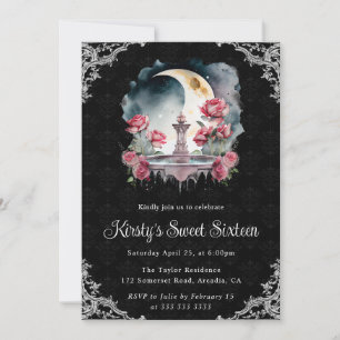 Aquarell-Nacht-Blumenbrunnen Sweet Sixteen Einladung
