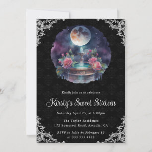 Aquarell-Nacht-Blumenbrunnen Sweet Sixteen Einladung