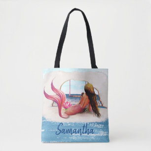 Aquarell Name Strand Meerjungfrau Afroamerikaner Tasche