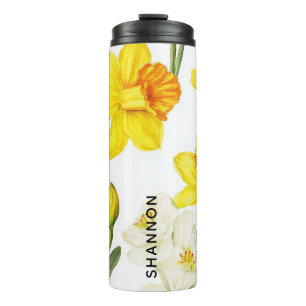 Aquarell-Narzissen-Blumen-Botanik-Weiß-Design Thermosbecher