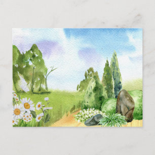 Aquarell-Natur-Landschaft und Gänseblümchen Postkarte