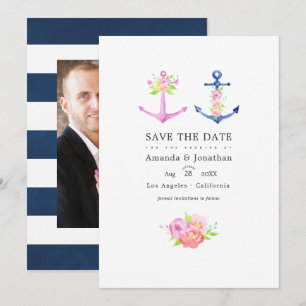 Aquarell-nautisch thematisierte Floral-Hochzeitsfo Save The Date