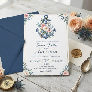 Aquarell-Nautische Blumengebinde-Anker-Hochzeit Einladung
