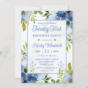 Aquarell Navy & Babyblau Blumen 21. Geburtstag Einladung