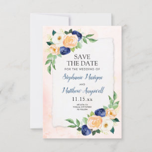Aquarell Navy Blau Pfirsich Korallen Blumen Hochze Save The Date