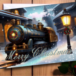Aquarell Navy Blau Weihnachtstrain Ferienfoto Karte
