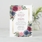 Aquarell Navy Blue Burgundi Gold Floral Einladung (Stehend Vorderseite)