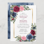 Aquarell Navy Blue Burgundi Gold Floral Einladung (Vorne/Hinten)