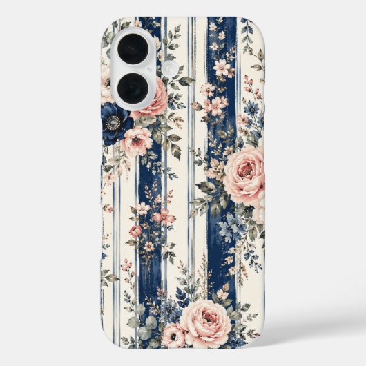 Aquarell-Navy-Blumenstreifen-Musterdesign Case-Mate iPhone Hülle (Rückseite)