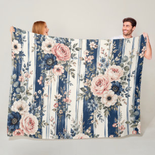 Aquarell-Navy-Blumenstreifen-Musterdesign Fleecedecke