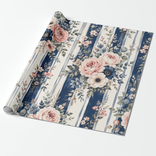 Aquarell-Navy-Blumenstreifen-Musterdesign Geschenkpapier (Ungerollt)