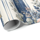 Aquarell-Navy-Blumenstreifen-Musterdesign Geschenkpapier (Rolleneckpunkt)