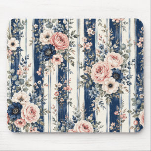 Aquarell-Navy-Blumenstreifenmuster-Design Mousepad