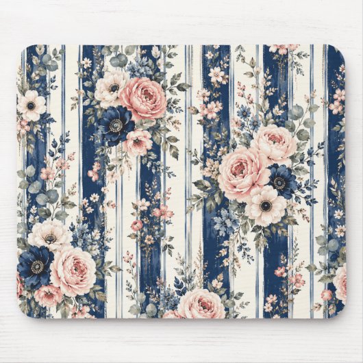 Aquarell-Navy-Blumenstreifenmuster-Design Mousepad (Vorne)