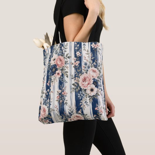 Aquarell-Navy-Blumenstreifenmuster-Design Tasche (Von Nahem)