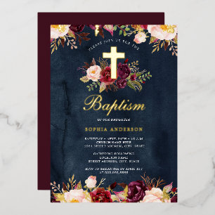 Aquarell-Navy-Gold-Burgund-Floral-Taufe Folieneinladung