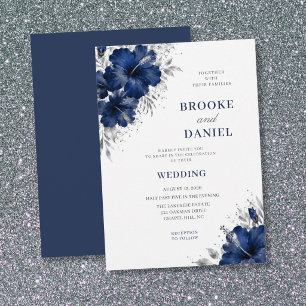 Aquarell Navy Hibiskus Silberstaub Hochzeit Einladung