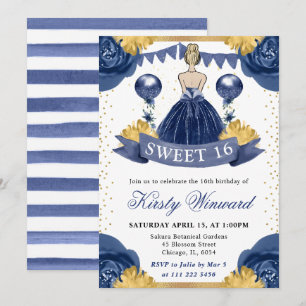 Aquarell-Navy-Kleid Blondine Prinzessin Sweet 16 Einladung